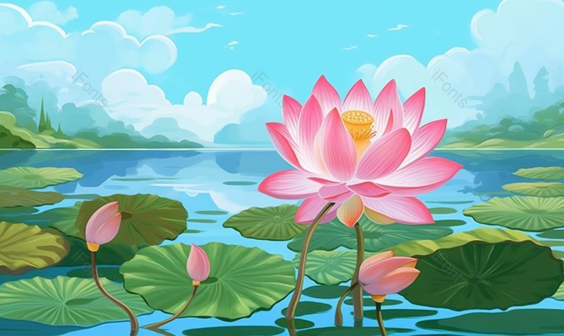 小暑绿色的盛夏池塘里的荷叶和盛开的荷花背景,插画/手绘图,插画/手绘图库,插画/手绘图下载,插画/手绘